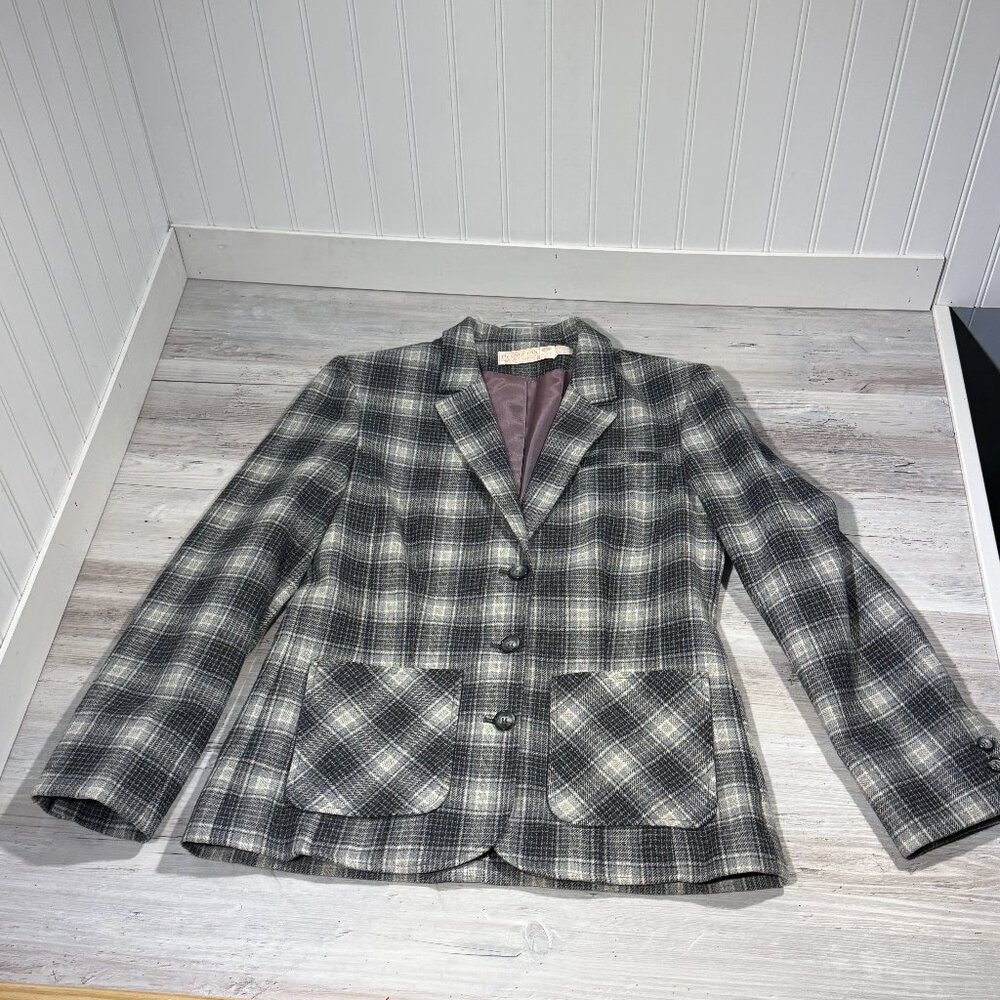 Vintage Pendleton Wool‎ Blazer Women's Size 12 Grey Plaid Coat Made In USA Liner